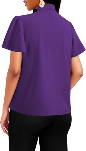 Vrtige Women's Bow Tie Mock Neck Blouse Short Sleeve Elegant Office Shirt Top in Saudi Arabia
