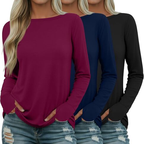 Riyiper 3 Pack Women's Cotton Long Sleeve Shirt with Thumb Hole, Boat Neck Casual Tunic Tops 2025 Fall Trendy Basic Tees in Saudi Arabia