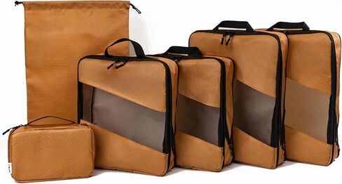 Compression Packing Cubes for Travel – 6-Pack Expandable Luggage Organizer Bags | Lightweight Storage Solution for Suitcase, Backpack & Carry-On | Travel Accessories for Men & Women (Brown & Camel) in Saudi Arabia