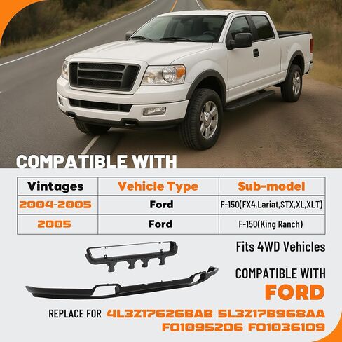 KUAFU الستارة الأمامية المصد متوافقة مع 2004 2005 Ford F-150 FX4، Lariat، STX، XL، XLT، King Ranch (نماذج 4WD) مع استبدال فتحات خطاف السحب لFO1095206 4L3Z17626BAB غطاء المصد السفلي in Saudi Arabia