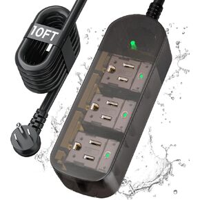 Outdoor Power Strip Weatherproof, 7-in-1 Surge Protector with 4 Wide Outlets 2USB A and 1USB C,1875W/15A, 10FT Flat Plug Multi-Plug Outdoor Extension Cord for Indoor Outdoor, UL FCC Listed in Saudi Arabia