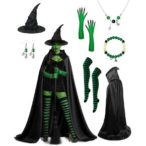 Witch Costume Women Accessories, Witch Halloween Cosplay with Long Hooded Cloak Cape, Witches Hat, Green Claw Gloves in Saudi Arabia