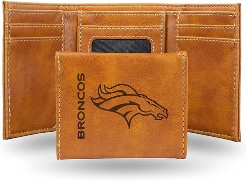 Rico Industries NFL Denver Broncos Premium Laser Engraved Vegan Brown Leather Bill-fold Wallet - Slim yet Sturdy Design - Perfect to Show Your Team Pride or Gift in Saudi Arabia