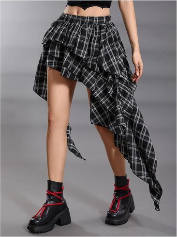 SOLY HUX Women's Plaid Ruffle Mini Skirt Y2k A Line Layered Asymmetrical Hem Skirts with Shorts Underneath in Saudi Arabia