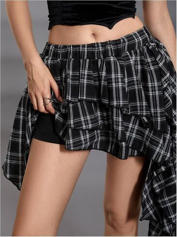SOLY HUX Women's Plaid Ruffle Mini Skirt Y2k A Line Layered Asymmetrical Hem Skirts with Shorts Underneath in Saudi Arabia