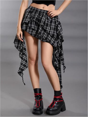 SOLY HUX Women's Plaid Ruffle Mini Skirt Y2k A Line Layered Asymmetrical Hem Skirts with Shorts Underneath in Saudi Arabia