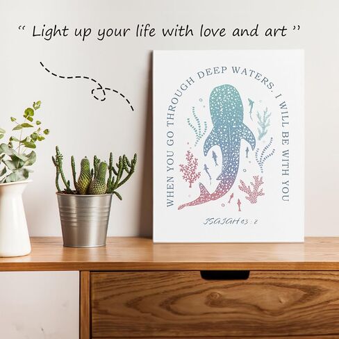 APJYM Whale Shark Christian Wall Decor, When You Go Through Deep Waters Bible Verse isaiah 43 2 Wall Art for christian home room decor, Whale Shark Gifts, 11x14 Inch Framed in Kuwait