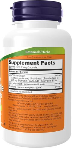 NOW Foods Supplements, Silymarin Milk Thistle Extract 300 mg with Artichoke and Dandelion, Double Strength, Supports Liver Function*, 50 Veg Capsules in Saudi Arabia