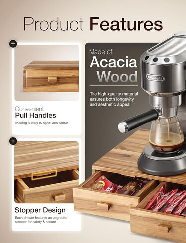 Tinamo Acacia Wood K Cup Organizer Coffee Pod Bod ، قرون القهوة وحامل منظم الشاي ، K Pod Drawer Coffee Maker Stand ، منظم درج KCUP تحت Brewer (Acacia ، درجان) in Saudi Arabia