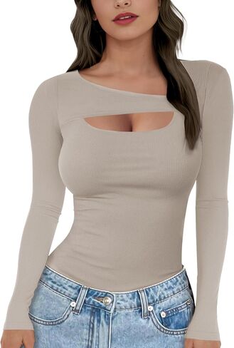 Buauty Womens Ribbed Long Sleeve Shirts Cutout Slim Fit Tee Trendy Sexy Top Fall Fashion 2025 Going Out Tshirts Y2K Clothes in Saudi Arabia