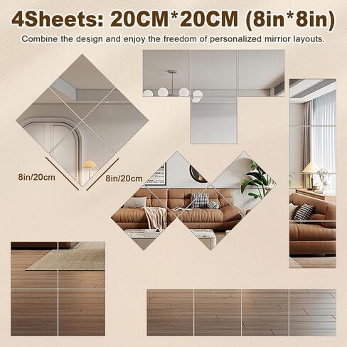4 Pcs Small Acrylic Mirror for Wall, 8 x 8 Inch Full Body Acrylic Sheets Shatterproof Unbreakable Mirror Tiles Stickers, Self Adhesive Non-Glass for Bathroom Bedroom Home Gym Wall Decorations in Kuwait