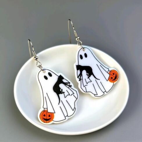 ONLYJUMP Halloween Ghost Earring for Women Unique Black Cat Pumpkin Coffin Earring Funny Cartoon Cow Ghost Earrings Lightweight Trendy Pumpkin Skeleton Earrings Halloween Theme Party Gifts in Saudi Arabia
