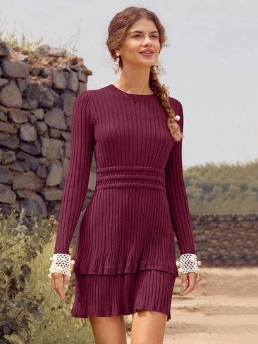 Wenrine Womens Long Sleeve Sweater Dress Dress Disual مضلعة متماسكة Crewneck خط ضئيل مناسبة in Kuwait