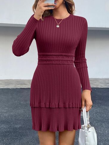 Wenrine Womens Long Sleeve Sweater Dress Dress Disual مضلعة متماسكة Crewneck خط ضئيل مناسبة in Kuwait