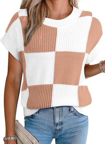 سترة قصيرة الأكمام سترة للنساء Crewneck Block Block Tops 2025 Fall Trendy Cap Sleeve Stest in Saudi Arabia