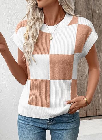 سترة قصيرة الأكمام سترة للنساء Crewneck Block Block Tops 2025 Fall Trendy Cap Sleeve Stest in Saudi Arabia