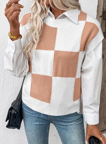 سترة قصيرة الأكمام سترة للنساء Crewneck Block Block Tops 2025 Fall Trendy Cap Sleeve Stest in Saudi Arabia