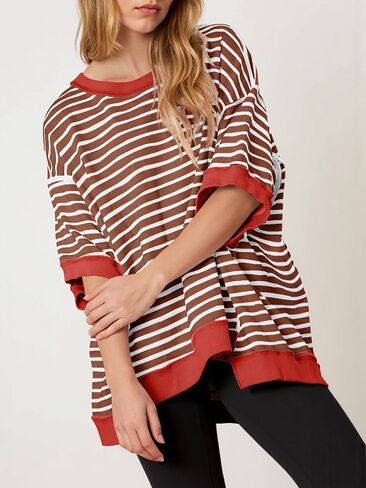 Tankaneo Womens Oversized T Shirts Striped Color Block Cotton Tops Summer Casual Half Sleeve Loose Fit Crewneck Sweatshirts in Saudi Arabia