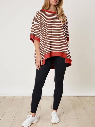 Tankaneo Womens Oversized T Shirts Striped Color Block Cotton Tops Summer Casual Half Sleeve Loose Fit Crewneck Sweatshirts in Saudi Arabia
