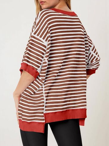 Tankaneo Womens Oversized T Shirts Striped Color Block Cotton Tops Summer Casual Half Sleeve Loose Fit Crewneck Sweatshirts in Saudi Arabia