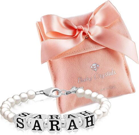 Custom Name Personalized Baby Girl Bracelets for Girls, Sterling Silver Kids Jewelry, Baptism, Keepsake, Birthday Gifts, Letter Charm Bracelet Alphabet Beads, Pink Pearls in Saudi Arabia