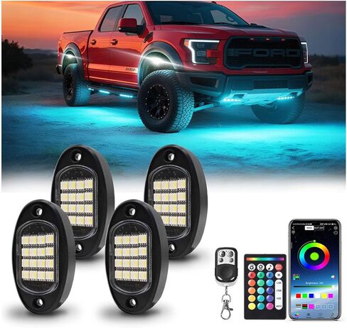 8 قرون RGBW LED LED ROCK LIGHTS ， مصابيح زجاجية بيضاء للشاحنة على الطريق ATV UTV GOLF CART RZR OFROOD SUV سيارات ، ومقاومة للماء النيون متعدد الألوان مع جهاز التحكم عن بعد Bluetooth/RF REMOTE ، 6500K 12V in Saudi Arabia