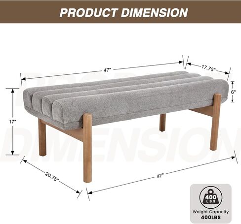 VESCASA Upholstered End of Bed Bench with Solid Wood Legs, Modern 47" W Entryway Bench with Comfortable Soft Cushion Seat for Living Room, Bedroom, Hallway, Chenille White in Kuwait