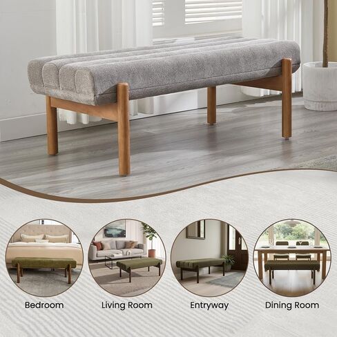 VESCASA Upholstered End of Bed Bench with Solid Wood Legs, Modern 47" W Entryway Bench with Comfortable Soft Cushion Seat for Living Room, Bedroom, Hallway, Chenille White in Kuwait