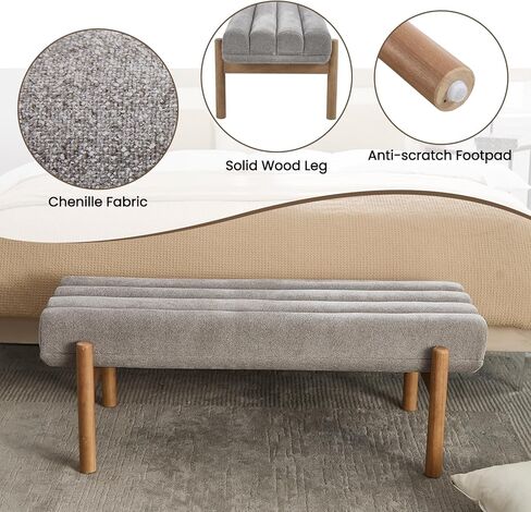 VESCASA Upholstered End of Bed Bench with Solid Wood Legs, Modern 47" W Entryway Bench with Comfortable Soft Cushion Seat for Living Room, Bedroom, Hallway, Chenille White in Kuwait