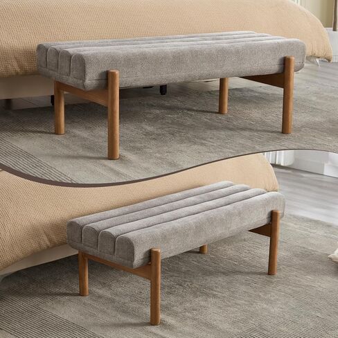 VESCASA Upholstered End of Bed Bench with Solid Wood Legs, Modern 47" W Entryway Bench with Comfortable Soft Cushion Seat for Living Room, Bedroom, Hallway, Chenille White in Kuwait