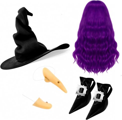 Halloween Witch Cosplay Party Costume Accessories Set Witch Hat Hair Wig Shoe Covers Nose Chin for Adult in Saudi Arabia
