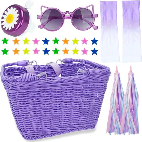 Kids Bike Basket,Handwoven Detachable Front Handlebar Bicycle Basket with Bike Bell,Wheel Spokes,Streamers,Sunglasses,Arm Sleeves in Kuwait