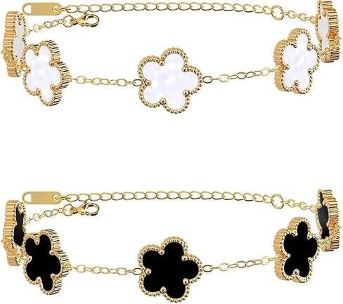 18K Gold Plated Clover Bracelet Dupes Gold/White Bracelet Set for Women Flower Lucky Clover Bracelets Trendy Jewelry Birthday Gifts for Women/MoM/Friends/Besties/Sister in Kuwait