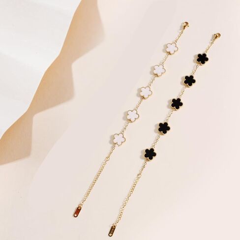18K Gold Plated Clover Bracelet Dupes Gold/White Bracelet Set for Women Flower Lucky Clover Bracelets Trendy Jewelry Birthday Gifts for Women/MoM/Friends/Besties/Sister in Kuwait