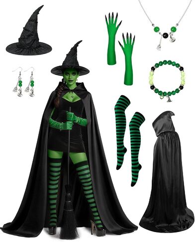 Witch Costume Women Accessories, Witch Halloween Cosplay with Long Hooded Cloak Cape, Witches Hat, Green Claw Gloves in Saudi Arabia