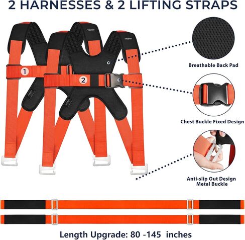 Ytonet Moving Straps, 2-Person Lifting and Moving System, Furniture Lifting Straps with Padded Back Support for Appliance, Mattress, Heavy Objects up to 800 lbs, 140 in Long Easy to Move, Lift, Carry in Kuwait