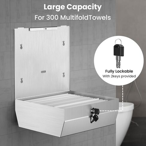 Paper Towel Dispenser Wall Mount Commercial, Stainless Steel Hand Towel Dispenser with Lock, c-fold/Multi-fold/Tri-fold Large Capacity Tissue Holder in Kuwait