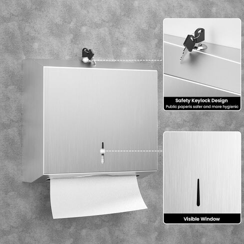 Paper Towel Dispenser Wall Mount Commercial, Stainless Steel Hand Towel Dispenser with Lock, c-fold/Multi-fold/Tri-fold Large Capacity Tissue Holder in Kuwait