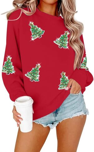 سويت شيرت MYHALF Christmas للنساء برقبة دائرية وترتر شجرة عيد الميلاد Xma بأكمام طويلة وقمصان بلوفر للعطلات in Kuwait