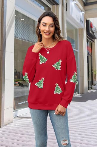 سويت شيرت MYHALF Christmas للنساء برقبة دائرية وترتر شجرة عيد الميلاد Xma بأكمام طويلة وقمصان بلوفر للعطلات in Kuwait