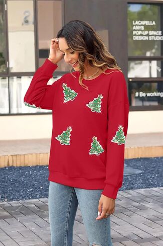سويت شيرت MYHALF Christmas للنساء برقبة دائرية وترتر شجرة عيد الميلاد Xma بأكمام طويلة وقمصان بلوفر للعطلات in Kuwait