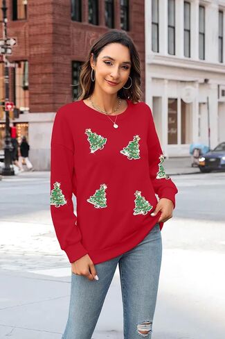 سويت شيرت MYHALF Christmas للنساء برقبة دائرية وترتر شجرة عيد الميلاد Xma بأكمام طويلة وقمصان بلوفر للعطلات in Kuwait