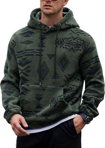 Mens Tribal Aztec Hoodie Sherpa Fluff Allover Print Sweatshirt Long Sleeve Thermal Vintage Graphic Shirt (S-XXL) in Kuwait