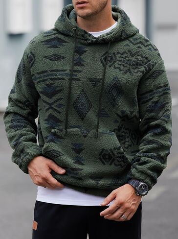Mens Tribal Aztec Hoodie Sherpa Fluff Allover Print Sweatshirt Long Sleeve Thermal Vintage Graphic Shirt (S-XXL) in Kuwait