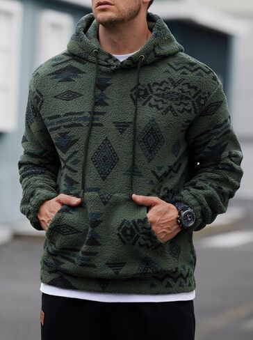 Mens Tribal Aztec Hoodie Sherpa Fluff Allover Print Sweatshirt Long Sleeve Thermal Vintage Graphic Shirt (S-XXL) in Kuwait
