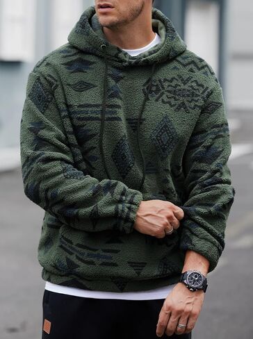 Mens Tribal Aztec Hoodie Sherpa Fluff Allover Print Sweatshirt Long Sleeve Thermal Vintage Graphic Shirt (S-XXL) in Kuwait