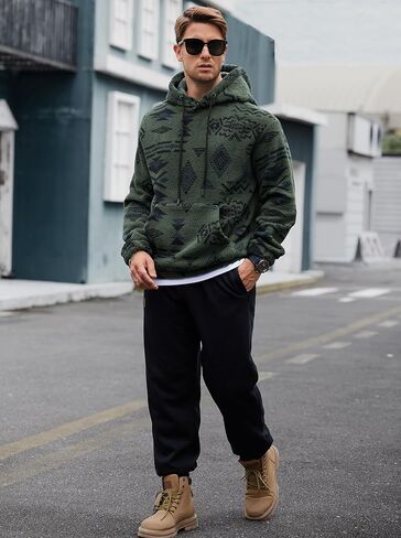 Mens Tribal Aztec Hoodie Sherpa Fluff Allover Print Sweatshirt Long Sleeve Thermal Vintage Graphic Shirt (S-XXL) in Kuwait