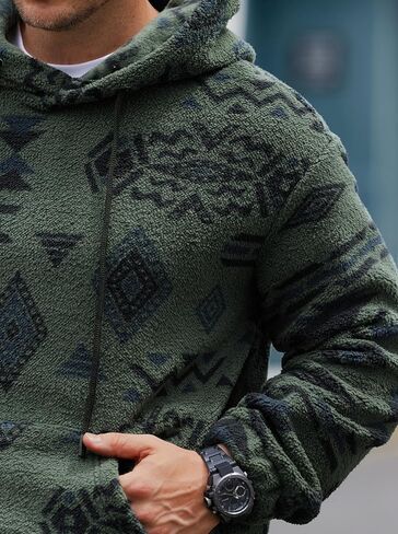 Mens Tribal Aztec Hoodie Sherpa Fluff Allover Print Sweatshirt Long Sleeve Thermal Vintage Graphic Shirt (S-XXL) in Kuwait