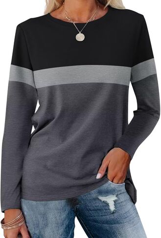 ORANDESIGNE Women's Long Sleeve Color Block Tunics Tops Casual Crew Neck Fall Shirts Blouses Wine Red-white-charcoal in Saudi Arabia