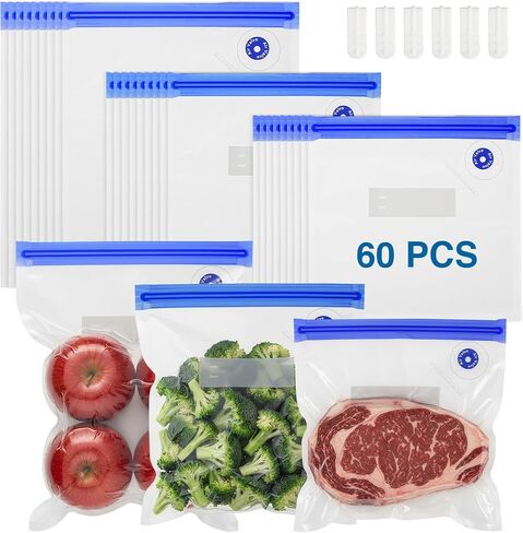 60 Pcs Reusable Vacuum Sealer Bags for Food, 3 Size BPA-Free Vacuum Storage Bags with Sealing Clips & Leak-Proof Design for Sous Vide Cooking, Freezer, Microwave Heating in Kuwait